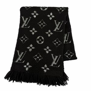 양품☆LOUIS VUITTON 루이비통 M75833 에샬프 로고마니아 샤인 울 실크 머플러 블랙 실버 이탈리아제 정품 여성용