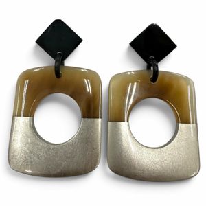 Excellent condition ☆ HERMES buffalo horn earrings with Sellier metal posts, in beige, silver, and dark Braun. Comes with original box.