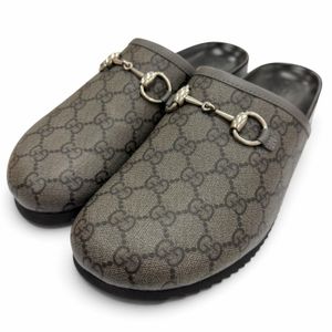 全新未使用商品 ▼ GUCCI 738964 GG Supreme 帆布皮革馬銜扣穆勒涼鞋 灰色 7碼 義大利製造 男士 附鞋盒和防塵袋