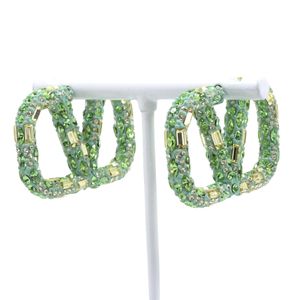 VALENTINO Garavani VLOGO Signature Earrings, Gold Plated with Rhinestones, Green, Approx. 22.0g, Women's [Used]