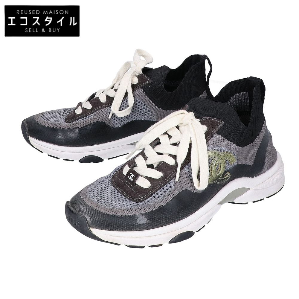 Chanel G36258 Black x Gray Mesh Coco Mark Sneakers, Size 37 [Used]