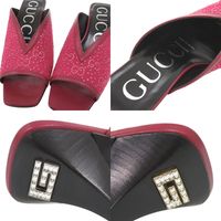 Like New Gucci Logo Mule Sandals, Heeled Sandals, 727193, Size 36 1/2, Leather, Rhinestones, Wine RED Sandals, 1266 [Pre-owned] GUCCI