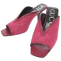 Like New Gucci Logo Mule Sandals, Heeled Sandals, 727193, Size 36 1/2, Leather, Rhinestones, Wine RED Sandals, 1266 [Pre-owned] GUCCI