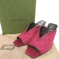 Like New Gucci Logo Mule Sandals, Heeled Sandals, 727193, Size 36 1/2, Leather, Rhinestones, Wine RED Sandals, 1266 [Pre-owned] GUCCI