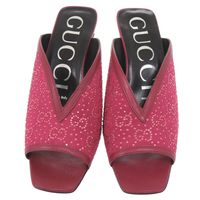 Like New Gucci Logo Mule Sandals, Heeled Sandals, 727193, Size 36 1/2, Leather, Rhinestones, Wine RED Sandals, 1266 [Pre-owned] GUCCI