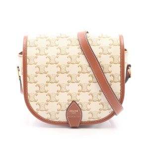 【二手】Celine CELINE Folco 中型肩背包 Triomphe 191502 白色 PVC 塗層帆布皮革 Triomphe 中型 Folco