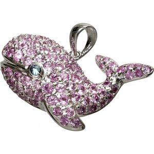 Whale-shaped pendant top with pink sapphire and blue-treated diamond (0.02ct), 18K white gold, 4.3g, women's. [Pre-owned]