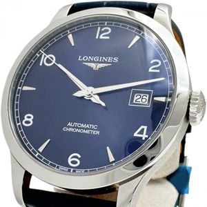 LONGINES Record Date L2.820.4.96.4, Skeleton Caseback, Warranty Card/Box Included, Stainless Steel/Leather Strap, Automatic Movement, Blue/Navy Dial/Blue Leather Strap, Men's Watch [Used]