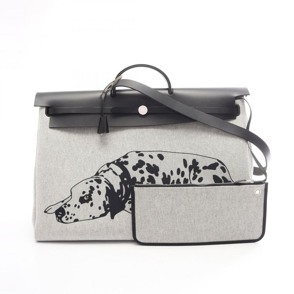 【二手】Hermes 爱马仕 波士顿包 Herbag Zip 50 Retourne Cabin 2WAY 米色/黑色/铂金灰 帆布/皮革 Herbag Zip 50 Retourne Cabin 斑点狗纹