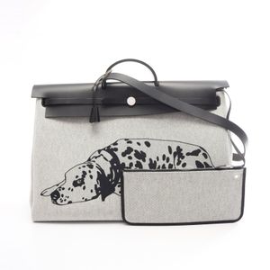 [Used] Hermes HERMES Boston Bag Herbag Zip 50 Letourne Cabin 2WAY Ecru/Black/Gris Platinum Canvas Leather Herbag Zip 50 Letourne Cabin Dalmatian