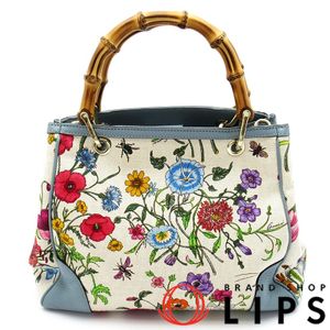 Gucci 구찌 뱀부 스몰 쇼퍼 플로라 일본 상륙 50주년 한정 모델 336032 캔버스/레더 여성용 손가방 라이트 블루/멀티 컬러【중고】