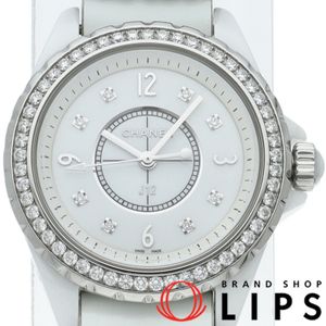 シャネル J12 G.10 ウォッチ 33mm ダイヤベゼル 12Pダイヤ J12 H4190 箱 保証書 修理書 バンド セラミック/SS/革 メンズ時計 ホワイト 仕上げ済 美品 【中古】
