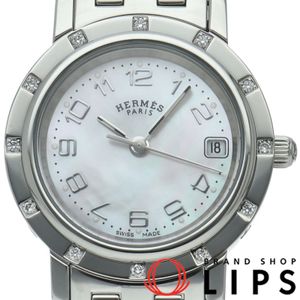 エルメス クリッパーナクレ レディース時計 12Pダイヤベゼル ダイヤブレス Clipper Ladies CL4.230 箱 SS レディース時計 ホワイトシェル 仕上げ済 美品 【中古】