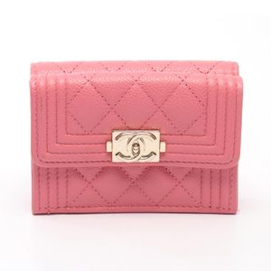 [Used] Chanel Boy Chanel Tri-fold Wallet, Pink Caviar Skin (Grained Calf), Boy Chanel Compact Wallet, Women's, Used A