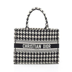 [Used] Dior Book Tote Medium Houndstooth White/Black Canvas Tote Bag for Women