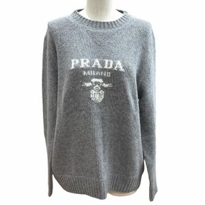 미사용급★Prada P24G1V 로고 캐시미어 울 크루넥 니트/스웨터 프론트 로고 그레이 42 이탈리아제 정품 여성용