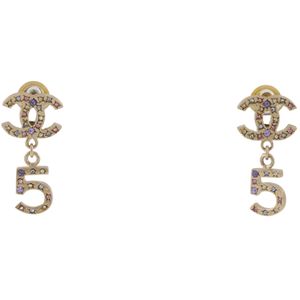Chanel Coco Mark No. 5 Earrings, Gold Plated with Rhinestones, 2006, Item No. 5 , Approx. 6.3g, Women's [Used]