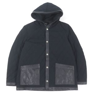 極美品□EMMETI エンメティ 羊革 ラムレザーパイピング フーデッド 中綿 キルティングジャケット ブラック 48 イタリア製 正規品 メンズ