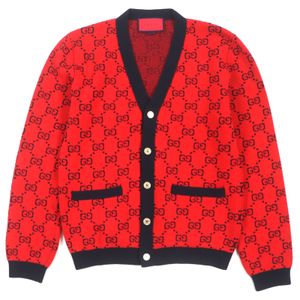 Excellent condition ▼ GUCCI 661156 Wool GG pattern V-neck knit cardigan with logo buttons, RED and black, size M, Made in Italy, Authentic, Men's