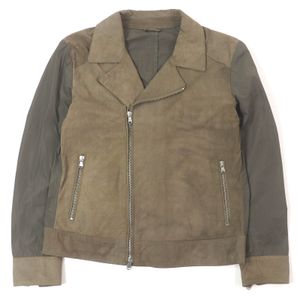 Excellent condition □ EMMETI Emmeti Nylon-paneled suede lambskin single rider jacket, khaki, size 46, Made in Italy, authentic, men's.