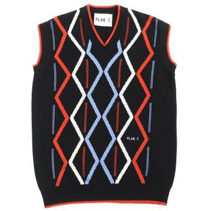 Excellent condition △ Plan C GLCME01G00FW009 Rhombus Intarsia wool cashmere logo embroidered all-over print V-neck knit vest in black, orange, blue, and white. Size 38. Made in Italy. Authentic men's item.