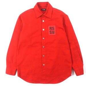 Excellent condition ▼ RAF SIMONS SIMONS 19AW 192-241 CARRY OVER SLIM FIT DENIM SHIR 100% Cotton Leather Patch Logo Button Long Sleeve Shirt Jacket RED S Made in Italy Men's