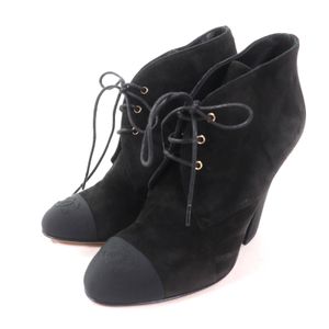 Mint condition★CHANEL G33443 Coco Mark F Pearl Embellished Lace-up Chunky Heel Suede Leather Ankle Boots Black Size 35.5 Made in Italy Women's