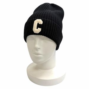 Mint condition △ CELINE 2AG50378U 100% Wool C Logo Knit Hat Beanie Black White TU Made in Italy Authentic Women's Men's