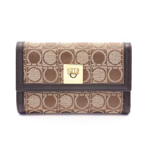 [Used] Salvatore Ferragamo Ferragamo Tri-fold Wallet, Gancini Pattern, Beige/ Braun Canvas Leather, Gancini Monogram Tri-fold Wallet, Women's