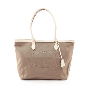 [Pre-owned] Prada PRADA Tote Bag LOGO JACQUARD 1BG158 Beige/ Braun/White Canvas Leather Logo Jacquard Tote Bag Women's