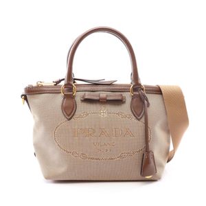 【중고】 Prada PRADA 손가방 LOGO JACQUARD 로고 자카드 2WAY 1BA111 베이지/브라운 캔버스 레더 로고 자카드 리본 모티프 2way 손가방