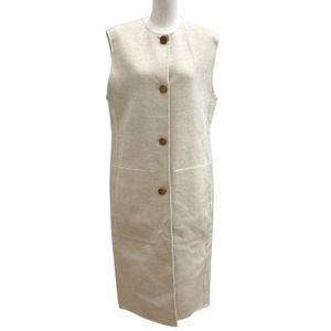Excellent condition ★ HERMES 3H0191DB 100% Cashmere Long Vest with Wood Sellier Buttons, Beige, Size 40, Made in France, Authentic, Women's, Garment Hanger Included