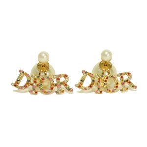 Pre-owned Dior Tribal CLEAR Color Stone Color Gold Stud Earrings with Crystal Logo, Resin Pearl, and Ivory (E1617TRICY_665U)