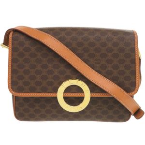 สภาพสวย CELINE วินเทจ Circle Logo ลายมาคาดัม PVC หนัง กระเป๋าสะพายไหล่ สีน้ำตาล 1094【มือสอง】