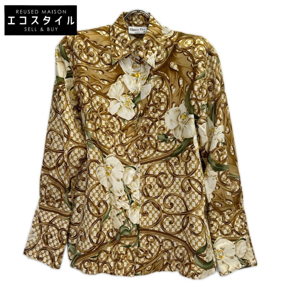 Christian Dior 63H2715591 Gold Silk 100% CD Button Botanical Design Shirt Size S [Used]