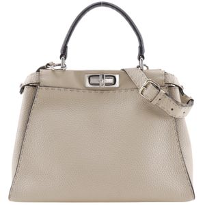 FENDI Peekaboo Selleria 中型手提包，兩用單肩包，顏色8BN290，皮革，淺灰色，斜挎包，單肩包，手提包，兩用，A5 尺寸，旋扣，女士 [二手]
