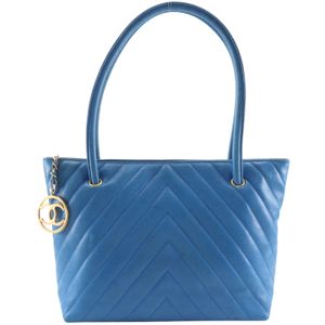 Chanel Chevron Tote Bag, V-stitch, Vintage Caviar Leather, Blue, Shoulder Bag/Handbag, A4 Size, Zipper, Women's [Used]