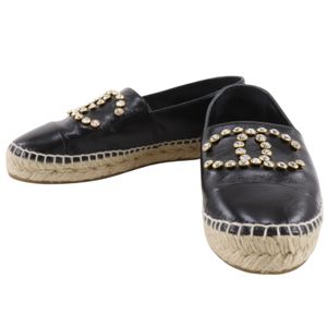 Chanel Espadrilles, Coco Mark Slip-on, Bijou, G35602 Y53712, Patent Leather x Rhinestone, Black, Women's [Pre-owned]