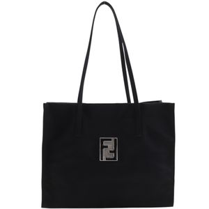 FENDI logo Plate tote bag, nylon, black, shoulder bag/handbag, A5 size, open, with logo, women's [used]