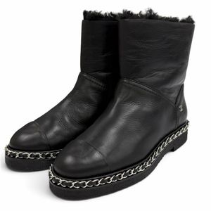 Excellent condition★CHANEL G34113 Coco Mark Chain Embellished Sheepskin Short Boots, Black with Silver Hardware, Size 35, Made in Italy, Women's, with Box