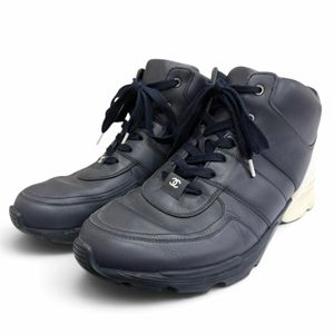 Excellent condition □ CHANEL G31762 Leather Coco Mark Lace-up High-Top Sneakers Shoes Navy 43 Made in Italy Men's