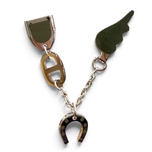 Mint condition ★ HERMES Buffalo Horn Bon Voyage Pin Brooch Chaine d'Ancre Silver Braun Khaki Made in France Women's with Box and Dust Bag