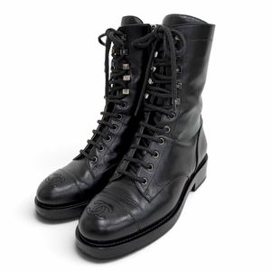 Mint condition △CHANEL G34953 Leather Coco Mark Stitch Side Zip Lace-up Short Boots Black Size 36 Made in Italy Women's with dust bag