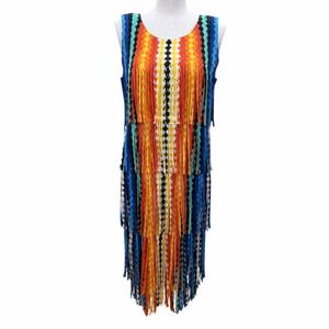 최상급 컨디션☆PLEATS PLEASE ISSEY MIYAKE PP71-JH636 프린지 총 패턴 디자인 슬리브리스 원피스 멀티 컬러 2 일본제 정품 여성용