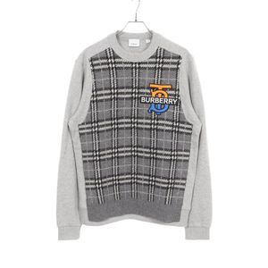 [Used] Burberry Sweatshirt, TB logo embroidery, check knit panel, 8033045, Gray, Cotton/Cashmere, Men's, Used B
