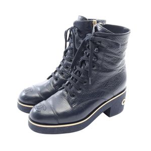 [Used] Chanel CHANEL Boots Coco Mark Side Zip Lace-up G36435 Leather Boots Women's Used B