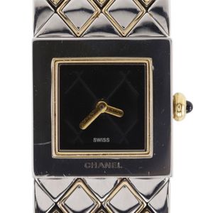 Chanel Matelasse Watch H0475 Stainless Steel x Yellow Gold Quartz Analog Display Black Dial Women's [Used]