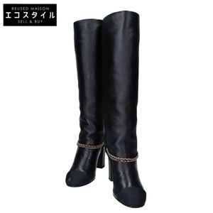 Chanel, excellent condition, 23A G45096 Coco Mark Toe chain chunky heel leather long boots, size 35 1/2C [Used]