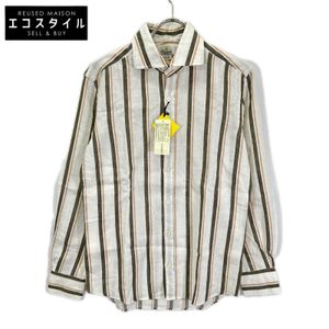 Giannetto 1103-82830BV81R White Cotton Linen Stripe Horizontal Collar Shirt XS [Used]
