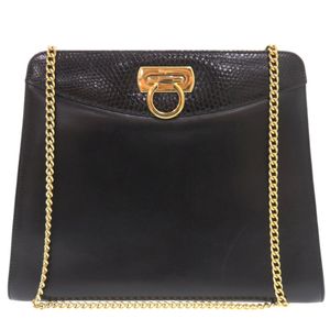 Salvatore Salvatore Ferragamo Gancini Leather Lizard Black Chain Shoulder Bag, Black, 1366 [Used]